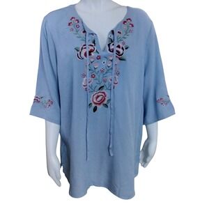 Womens Forgotten Grace Blue Floral Embroidered Tunic Top Medium Rayon Boho